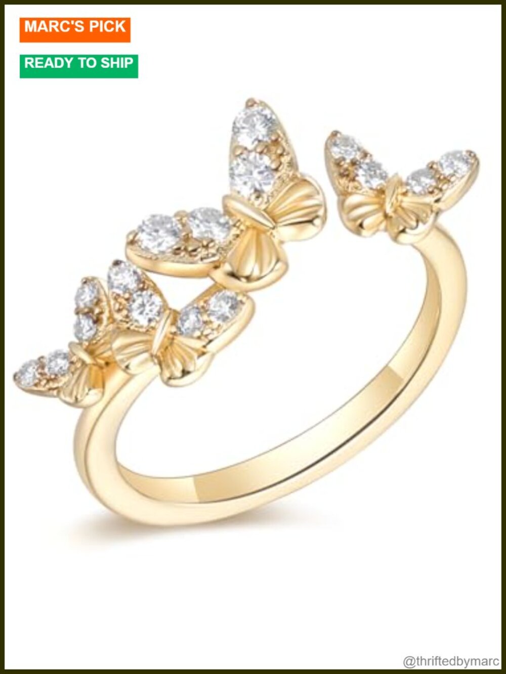 Moissanite Butterfly Star Adjustable Ring 925 Sterling Silver Yellow Gold Plated